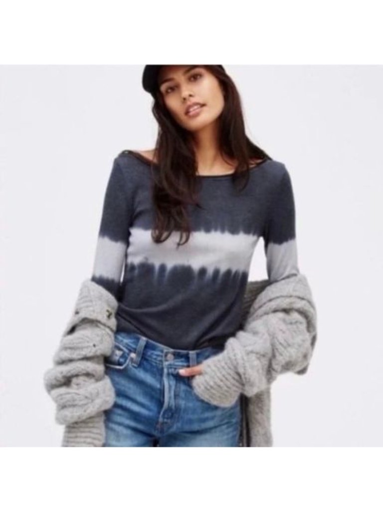 Free People Ocean Dip Dye Thermal Top Gray White Long Sleeve Tee Medium